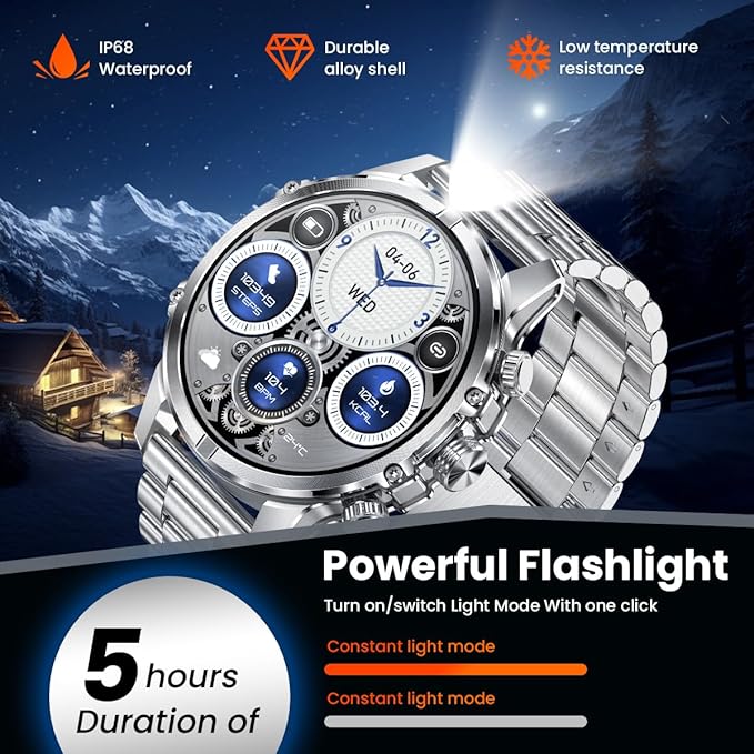 Indestructible Military Smart Watches for Men (Answer/Make Call) 1.85 Amoled IP67 Waterproof Smartwatch with Flashlight 129 Sports Mode Fitness Tracker 100 Days Battery for Android iPhone Silver