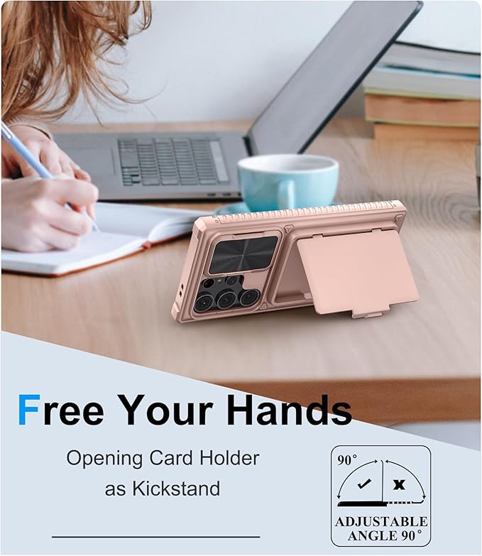 for Samsung Galaxy S23 Ultra Case with Card Holder (Store 4-5 Cards), Slide Lens Cover & Stand, Military Grade Drop Protection, Shockproof Wallet Phone Case for Galaxy S23 Ultra, Rose Gold