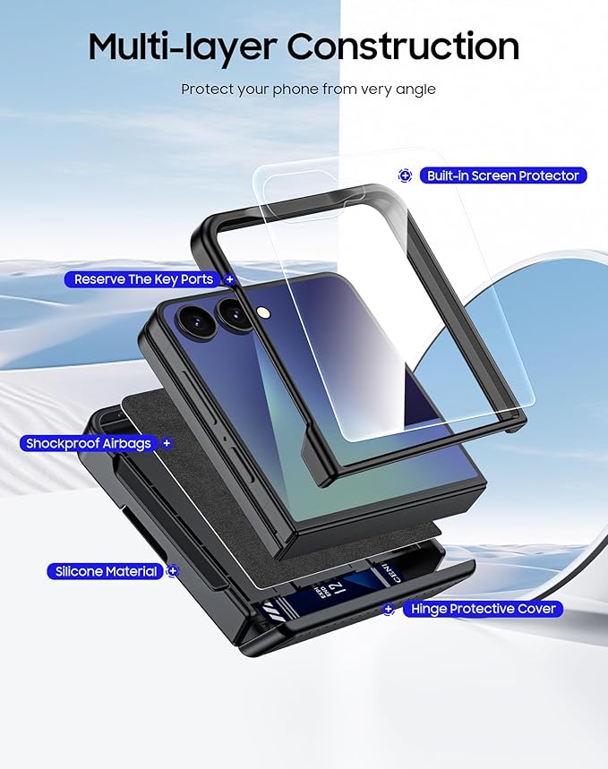 CENMASO for Samsung Galaxy Z Flip 7 Case with Card Holder [RFID Blocking] & Hinge Protection & HD Screen Protector, Rugged Anti-Scratch Full-Body Shockproof Phone Case for Z Flip 7-Black