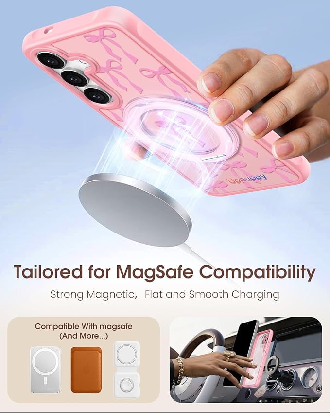 for Samsung Galaxy S25 Case with 360° Rotatable Magnetic Ring - Compatible with MagSafe, Semi-Transparent Soft-Touch Material Shockproof, Cute Pink Ribbon Bow Design for Women Girl