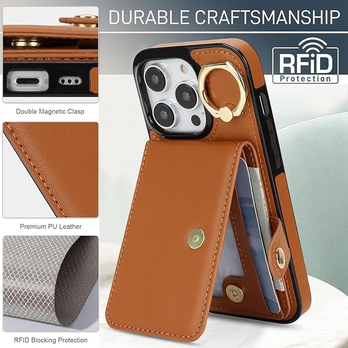 Compatible iPhone 16 Pro Wallet Case with Card Holder RFID Blocking PU Leather Doubles as a Wallet Unisex Flip Shockproof Protection with Card Slots Ring Wrist Kickstand Function,Brown