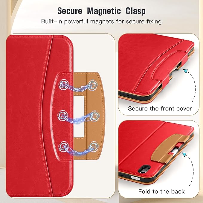 MoKo for iPad (A16) 11th Generation Case 11 inch 2025, iPad 10th Generation Case 10.9" 2022 with Pencil Holder & Pocket, Premium Leather Folio Stand Cover, Multiple Viewing Angles, Water Red