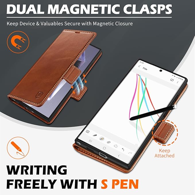 SHIELDON Case for Galaxy S25 Ultra 6.9" 2025, Genuine Leather Flip Wallet Book Case Magnetic RFID Blocking Credit Card Holder Kickstand Shockproof Cover Compatible with Galaxy S25 Ultra - Retro Brown