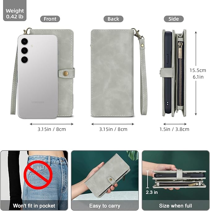 TwoHead for Samsung Galaxy S24 Wallet Case with Card Holder,Detachable Magnetic Phone Case for Galaxy S24,PU Leather Shockproof Protective Phone Cover Wallet with Wrist Strap(6.1 in,Gray)