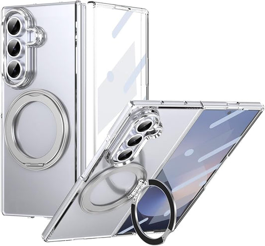 for Samsung Galaxy Z Fold 7 Case with Magnetic Ring Holder, 360 Rotating Bracket, Built-in Front Screen Len Protector, Anti-Yellowing & Anti-Fingerprint Crystal Clear Case.(Silver)