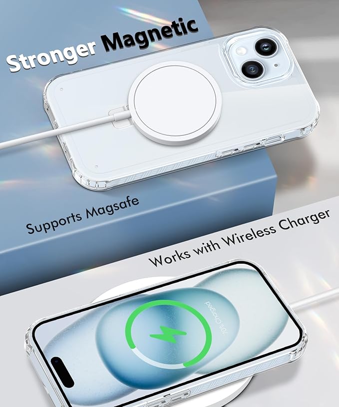 Compatible with iPhone 15 Case, Built-in Screen Protector & Seamless Stand, with Camera Lens Protector, Strong Magnetic Clear Phone Case, Full Body Protective Cover for 6.1" (Clear)
