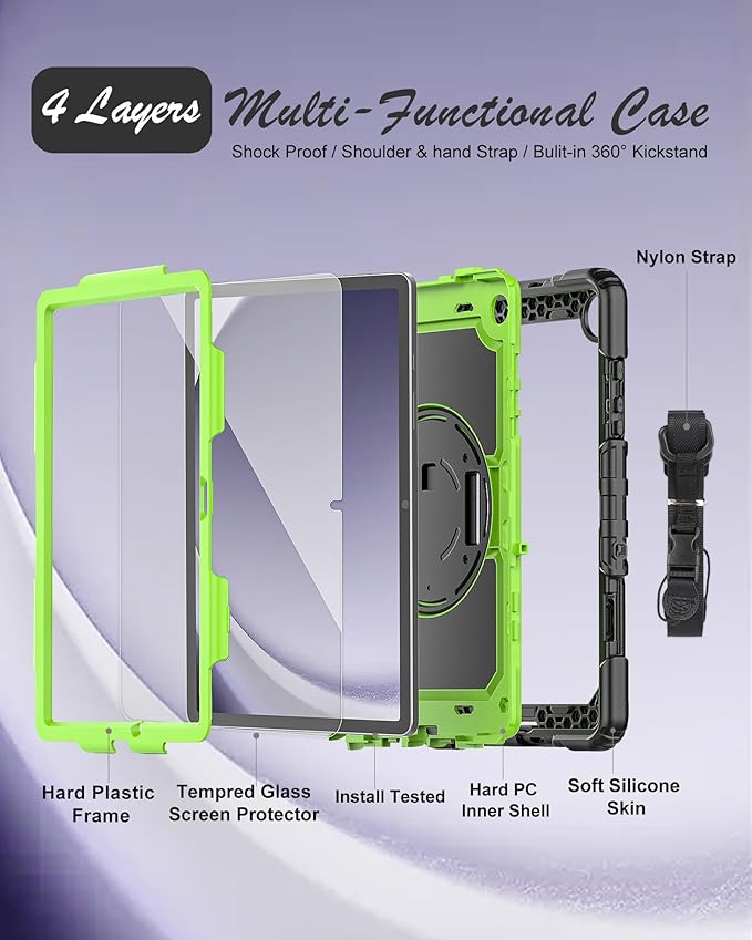Case for Samsung Galaxy Tab A9 Plus Tablet Case 11-inch [with Tempered Glass Screen Protector] Heavy Duty Shockproof Cover, Rotating Kickstand, Shoulder & Hand Strap (Green)