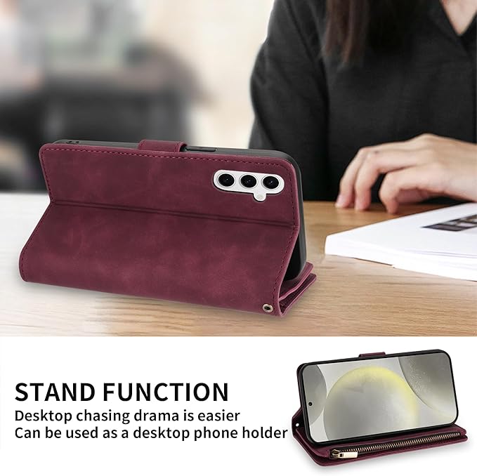 ZZXX for Samsung Galaxy S24 Wallet Case with RFID Blocking Card Slot PU Leather Zipper Flip Folio with Strap Kickstand Protective Cover for Samsung Galaxy S24 Case Wallet(Wine Red-6.2 inch)