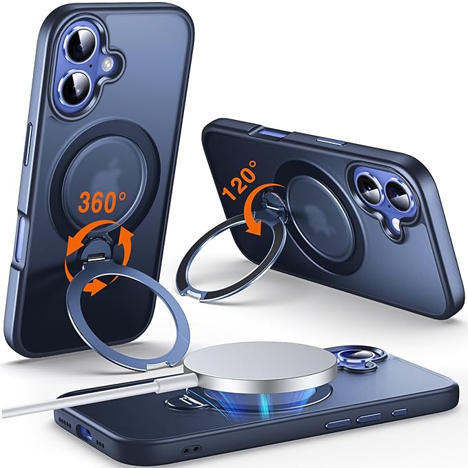 360° O-Ring MagStander for iPhone 16 Case with Magnetic Kickstand Ring Holder [Compatible with MagSafe][360°Rotate Stand Ring][Military Shockproof] Magnet iPhone 16 Phone Cover Matte Blue