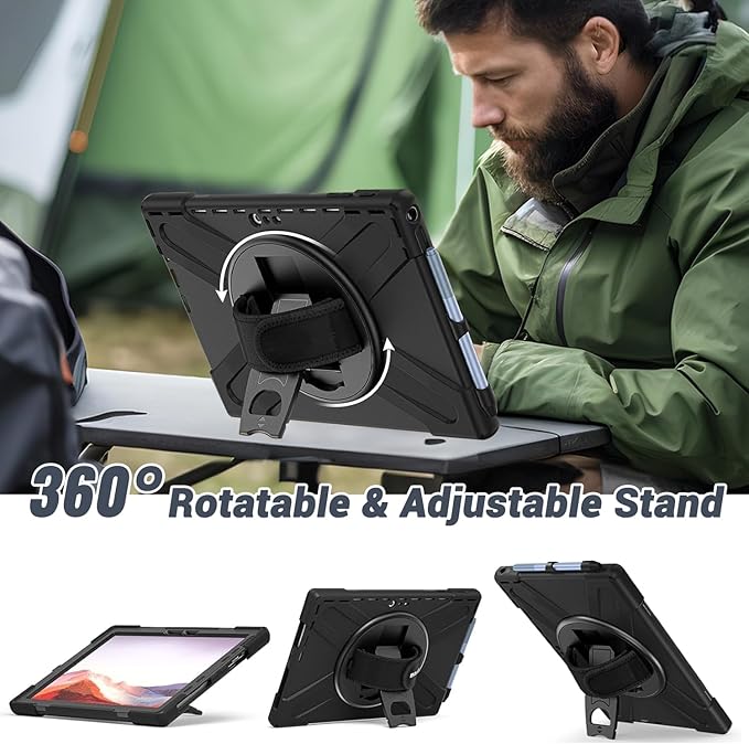 DreamerX for Microsoft Surface Pro 7+ Plus/Pro 7/6/5/4 12.3" Case, Heavy Duty Rugged Full Body Drop Protective Silicone Kids Cover w/Rotating Stand Hand Strap Pen Holder Carrying Shoulder Strap Black