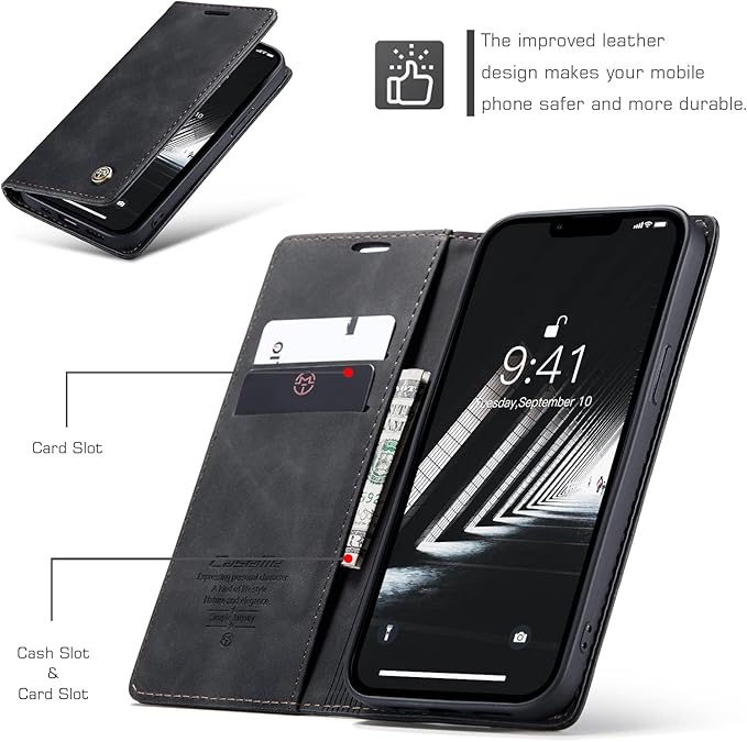 for iPhone 14 Case, Flip Wallet Leather Case with Card Holder Magnetic Closure Shockproof Kickstand Protective Phone Cases Cover for iPhone 14, Black