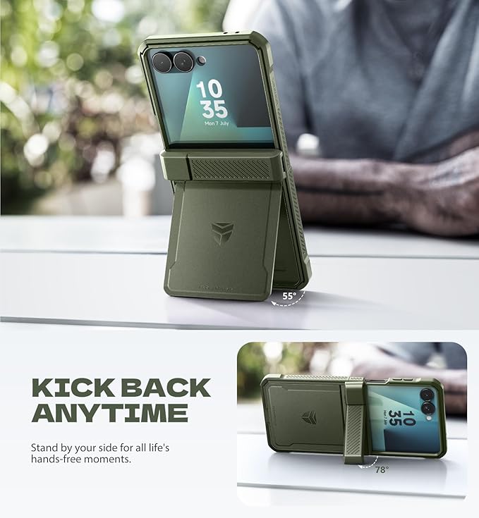 Dexnor for Samsung Galaxy Z Flip 7 Case with Dual Kickstands & Auto-Close Hinge Protection & Screen Protector, Full-Body Rugged Shockproof Protective Cover Bumper Cases for Galaxy Z Flip 7,Army Green