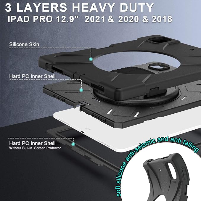 DreamerX for iPad Air 13 Inch (2025/2024) M3/M2 iPad Pro 12.9 6th 5th 4th 3rd Gen Case with 360° Rotating Stand Hand Strap Shoulder Strap, Heavy Duty Rugged Kids Cover for iPad Air 13 Pro 12.9", Black