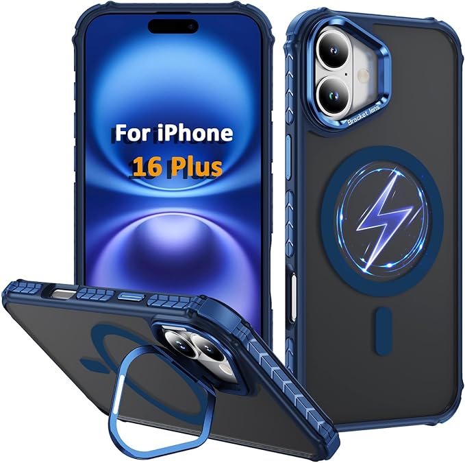 Magnetic for iPhone 16 Plus Case Blue with MagSafe Wireless Charging Heavy Duty Military-Grade Shockproof Protection Adjustable Kickstand Slim Matte Anti-Fingerprint Cover Men Women