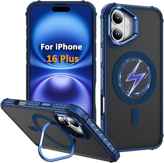 Magnetic for iPhone 16 Plus Case Blue with MagSafe Wireless Charging Heavy Duty Military-Grade Shockproof Protection Adjustable Kickstand Slim Matte Anti-Fingerprint Cover Men Women