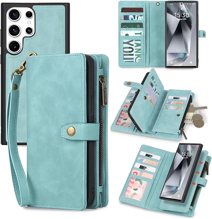 TwoHead for Samsung Galaxy S24 Ultra Wallet Case with Card Holder, Detachable Magnetic Phone Case for S24 Ultra,PU Leather All-Round Protective Phone Case Wallet with Wrist Strap,Blue