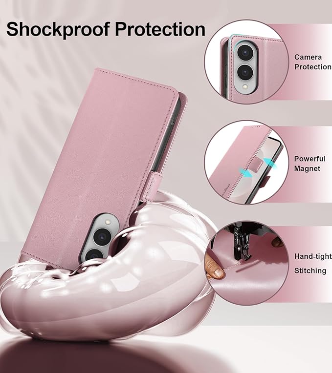 Wallet Flip Case for Samsung Galaxy S25 Edge 5G - [RFID Blocking] Luxury PU Leather Card Holder Magnetic Phone Cover with Kickstand,Shockproof Protective Case,Pink