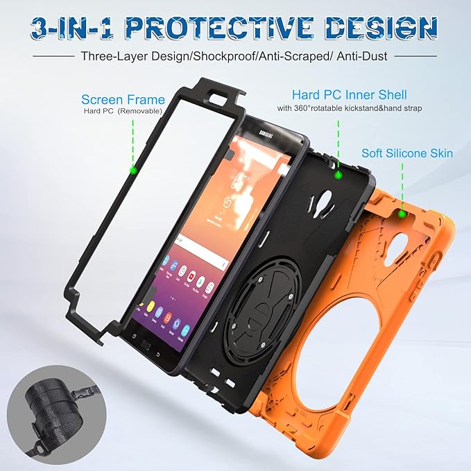 BRAECNstock for Samsung Galaxy Tab A 8.0 (SM-T380/T385) Heavy Duty Shockproof Case with 360 Rotating Kickstand & Hand Strap Shoulder Strap - Orange