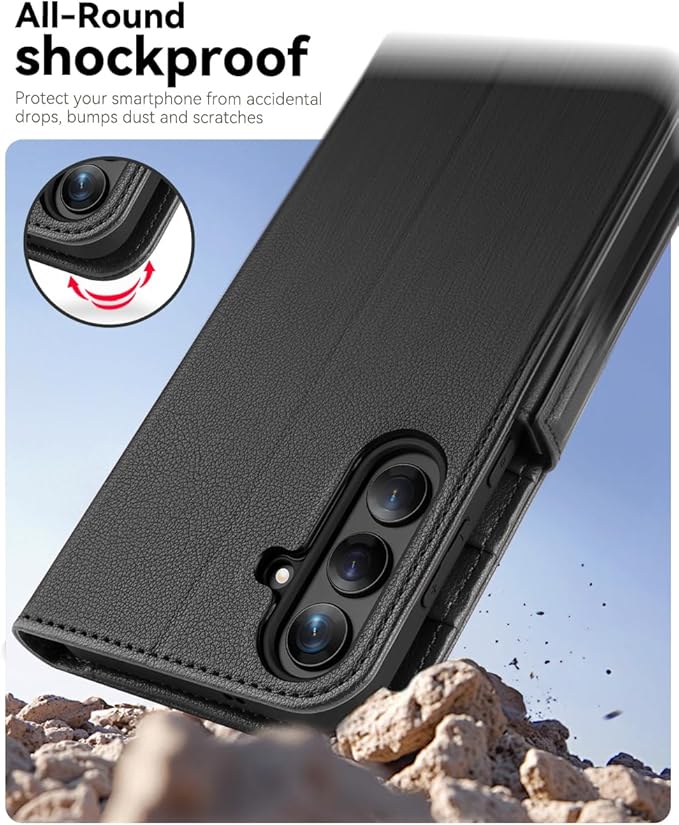 OCASE Compatible with Galaxy S25 FE Wallet Case, PU Leather Flip Folio Case with Card Holders RFID Blocking Kickstand [Shockproof TPU Inner Shell] Protective Phone Cover 2025, Litchi Black