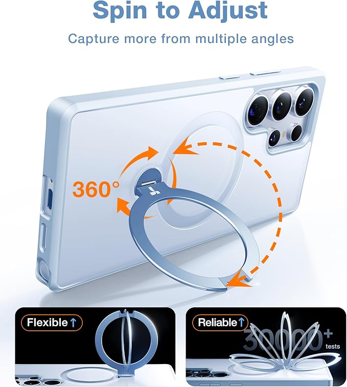 TORRAS 360° Spin Magnetic Stand for Samsung Galaxy S25 Ultra Case, Fit for Magsafe, Shockproof Slim Protective S25 Ultra Case with Kickstand for Women Men, Ostand Spin, Translucent Frosted Silverblue