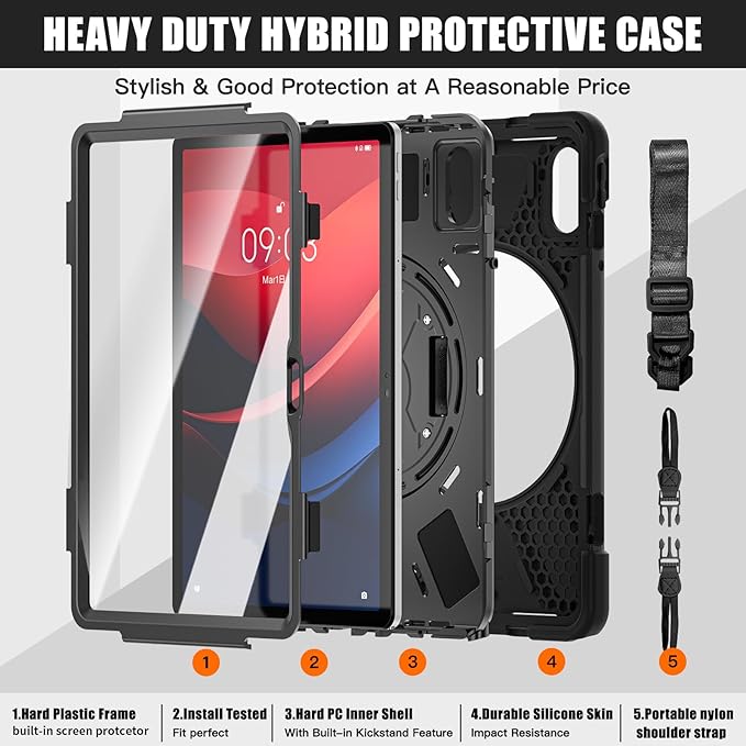 ZenRich Rugged Tablet Case for Lenovo Tab M11/K11 LTE 11" 2024 (TB-330FU/330XU), Heavy Duty Shockproof Protective Cover with Screen Protector, 360° Rotating Kickstand, Hand Strap & Shoulder Belt