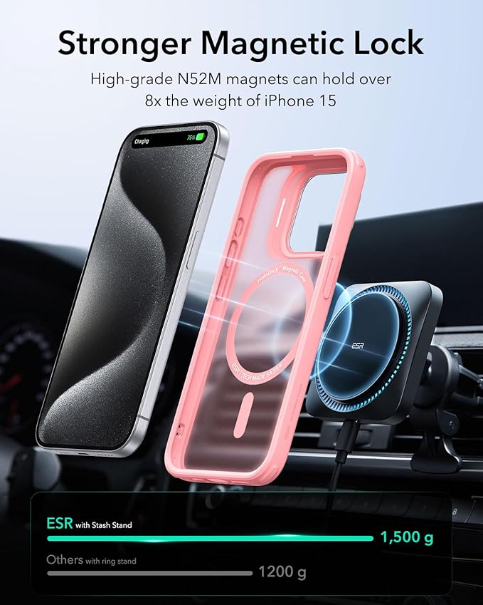 ESR for iPhone 15 Pro Case, Compatible with MagSafe, Military-Grade Protective Case, Built-in Stash Stand Phone Case, Scratch-Resistant Back Cover, Classic Series, Frosted Pink