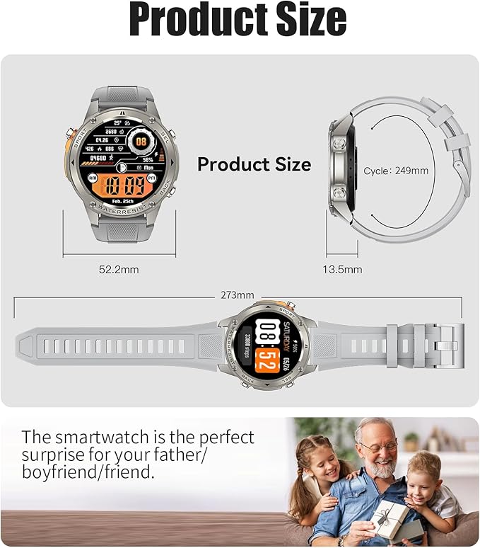 GPS Smart Watch for Men-5ATM/IP69K Waterproof,45 Days Standby(500mAh),1.43" AMOLED Rugged Military Smartwatch with Compass Altitude,170+ Sport Modes Smart Watches for Android iPhones Silver