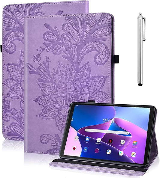 Case for Lenovo Tab M10 Plus 3rd Gen 10.6 Inch 2022 (TB125FU/128FU), Embossed Lace PU Leather Flip Folio Tablet Case with Elastic Band & Card Slots/Holder, Multi-Angle Viewing Stand Cover, Purple