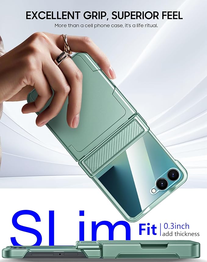 CENMASO for Samsung Galaxy Z Flip 7 Case with Card Holder [RFID Blocking] & Hinge Protection & HD Screen Protector, Rugged Anti-Scratch Full-Body Shockproof Phone Case for Z Flip 7-Mint Green