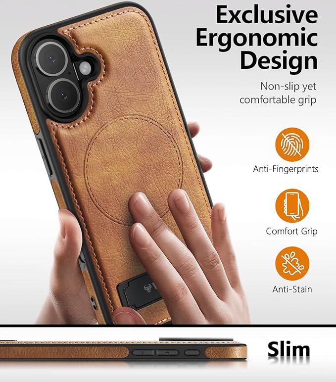 Magnetic for iPhone 17 Leather Case,Built-in Invisible Stand [Compatible with Magsafe] Protective Slim Kickstand Phone Cover for iPhone 17 Case, Brown