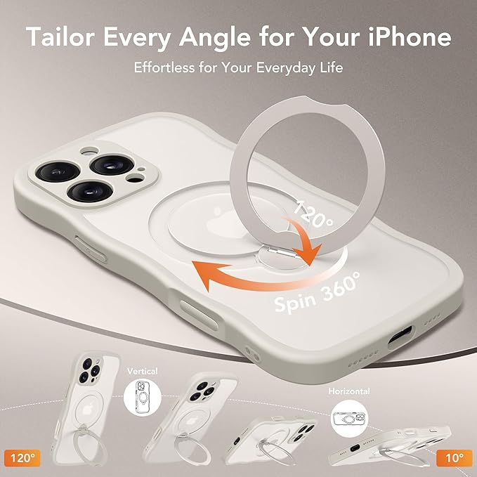 GolbinBox for iPhone 16 Pro Max Case for Women,[Compatible with Magsafe][360° Spin Magnetic Stand][Cute Wave Edge][Military-Grade Protection] Translucent Matte Phone Case for iPhone 16 ProMax, Stone