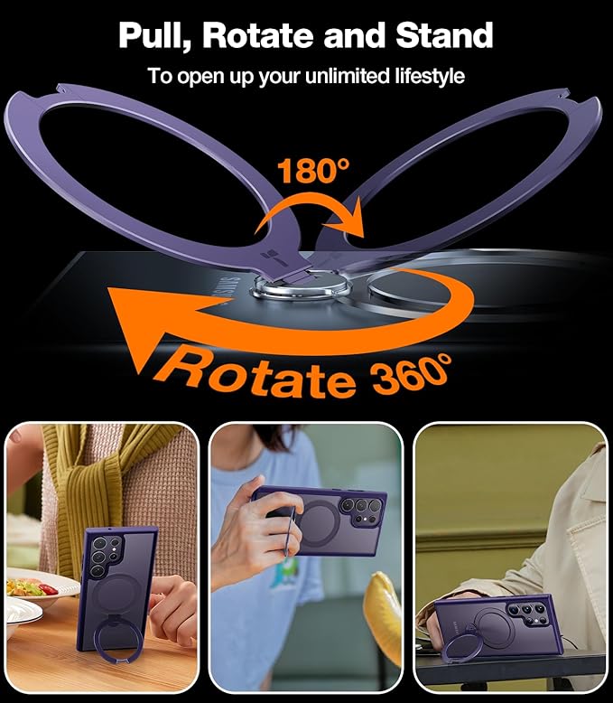 TORRAS 360°Spin Magnetic Stand for Samsung Galaxy S24 Ultra Case, Compatible with Magsafe, Shockproof Military Grade Protective Slim Galaxy S24 Ultra Phone Case with Kickstand & Ring Holder, Purple
