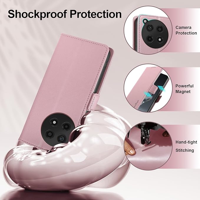 Wallet Flip Case for OnePlus 12R 5G - [RFID Blocking] Luxury PU Leather Card Holder Magnetic Phone Cover with Kickstand,Shockproof Protective Case,Pink