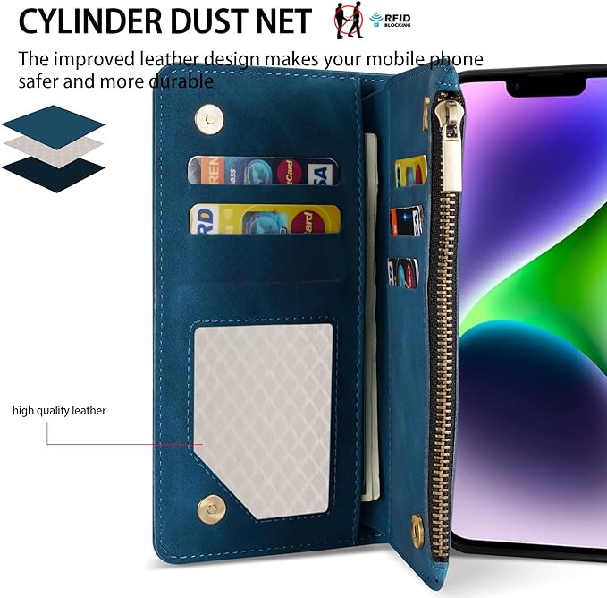 ZZXX for iPhone 14 Plus Case Wallet with [RFID Blocking] Card Slot Premium Soft PU Leather Zipper Flip Folio with Wrist Strap Kickstand Protective Cover for iPhone 14 Plus Wallet Case(Blue-6.7 inch)