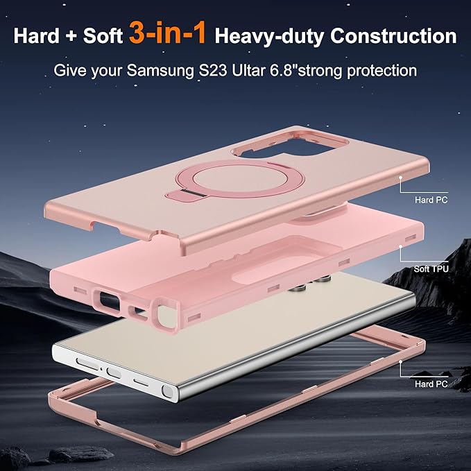 Designed for Samsung Galaxy S23 Ultra Case with Magnetic Ring Stand [Compatible with Mag-Safe][Military Grade Drop Protection][Build in Kickstand] S23 Ultra Phone Case 6.8",Rose Gold