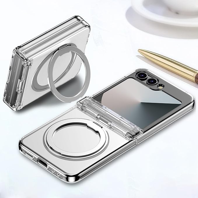 Magnetic Case for Samsung Galaxy Z Flip 6 Compatible with Magsafe, Built-in Kickstand & TPU Hinge Protection Flip 6 Case, Matte PC Cover Ultra Shockproof Phone Case for Z Flip6 (Clear)