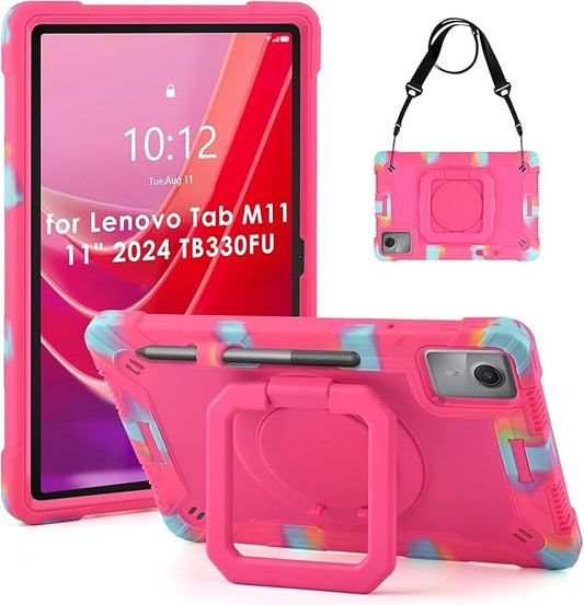 DETUOSI Case Compatible with Lenovo Tab M11/ K11 LTE 11 inch (TB-330FU/330XU), Full-Body Shockproof Protective Case with Shoulder Strap, 360 Rotating Stand Case for Lenovo Tab M11, Camouflage Rose Red