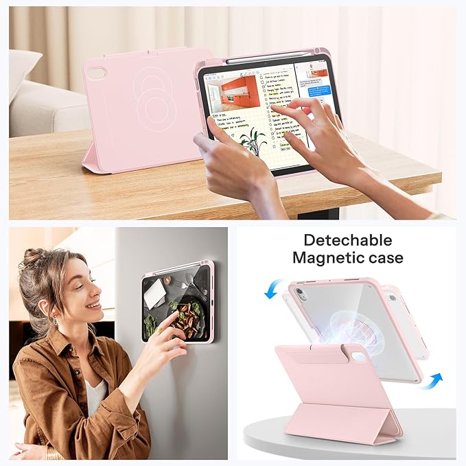 SPARIN Case for iPad A16 11th/10th Generation 2025/2022 (11"/10.9") with Pencil Holder, Magnetic Detachable Hybrid Stand, Portrait/Landscape Angle, Clear Protective Case, Auto Wake/Sleep-Pink