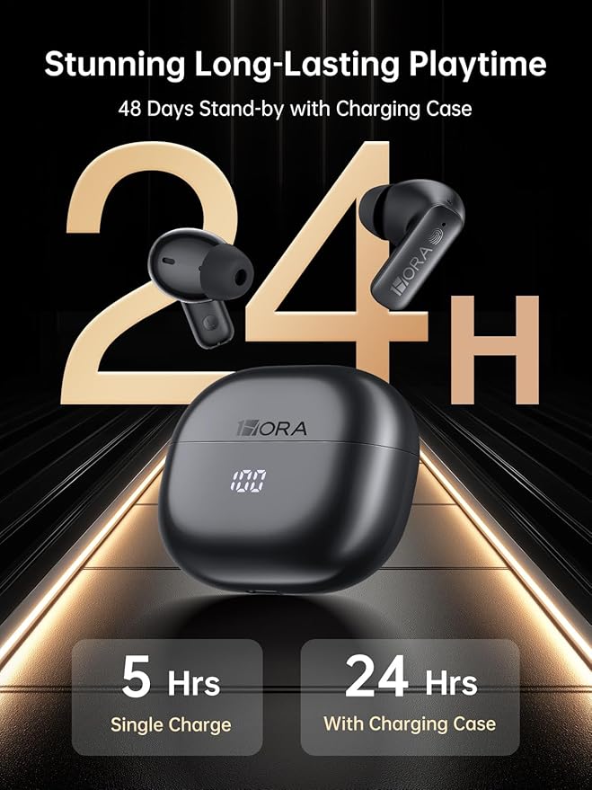 1 Hora Active Noise Cancelling Wireless Earbuds, Built-in 4 Mics, Bluetooth 5.4 in Ear Headphones, LED Display Stereo Bass Earphones with Charging case, for iPhone, Android Smartphone, Tablet, Laptop
