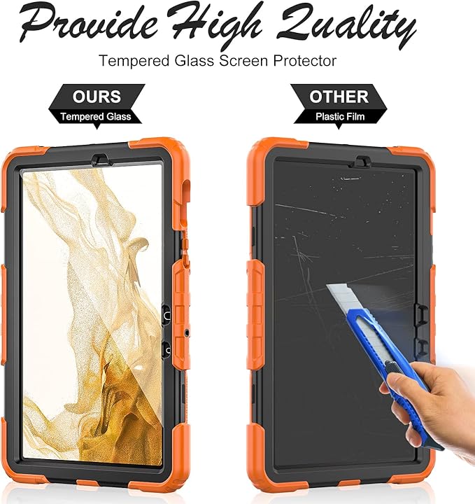 Case for Samsung Galaxy Tab S8/S7 11-inch 5G Tablet Case 2022/2020, [with Tempered Glass Screen Protector], Rotating Kickstand, Hand & Shoulder Strap, S Pen Holder (Orange)