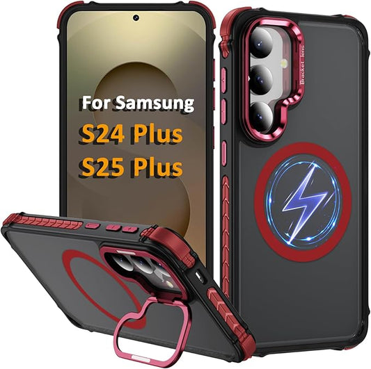Magnetic for Samsung Galaxy S25 Plus Case/S24 Plus Case Red Fit for MagSafe Military-Grade Shockproof Protection Adjustable Kickstand Slim Matte Anti-Fingerprint Cover Men Women