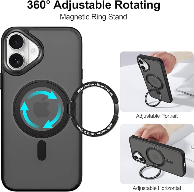 ZIYE Magnetic Case for iPhone 16 Case with Stand [Compatible with MagSafe] Slim Shockproof Military Grade Heavy Duty Cover with 360 Rotatable Ring Kickstand for Women Men, Translucent Black