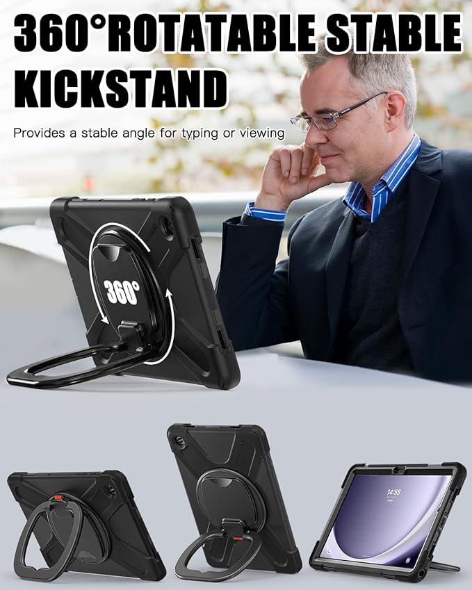 BRAECN Case for Samsung Galaxy Tab A9+ Plus 11 Inch 2023 SM-X210/X216/X218, Heavy Duty Drop-Proof Case with Screen Protector, Shoulder Strap, Stable Kickstand for Galaxy Tab A9+/A9 Plus 11'', Black