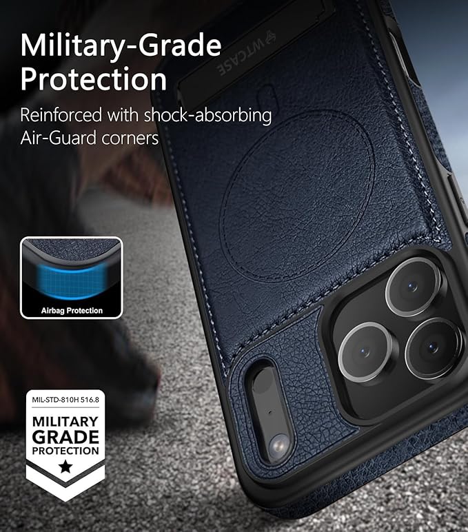 Magnetic for iPhone 17 Pro Leather Case,Built-in Invisible Stand [Compatible with Magsafe] Protective Slim Kickstand Phone Cover for iPhone 17 Pro Case, Blue