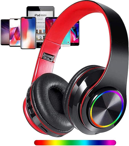 Wireless Bluetooth Headphones with Colorful LED Lights, Built-in Mic, Light Weight, Foldable, Wired HiFi Stereo Headphones for Classroom/Home Office/PC/Mobile Phone/Kids Adult (Black Red)