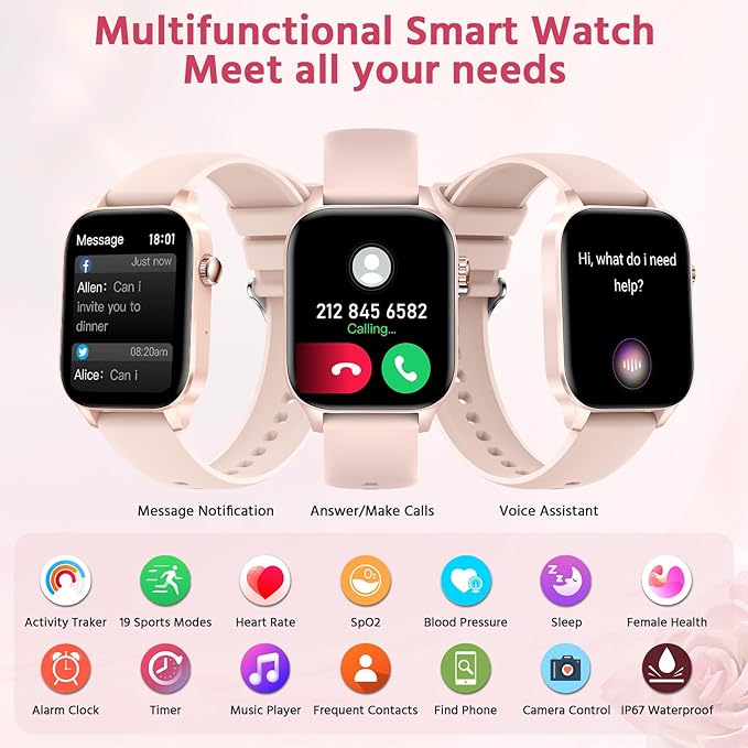 Pink Smart Watch for Women, 1.85" Large Screen Fitness Watch with Bluetooth Call/Voice Assistant, Ultra-Light Smartwatch with Sleep Tracker for Android and iPhone