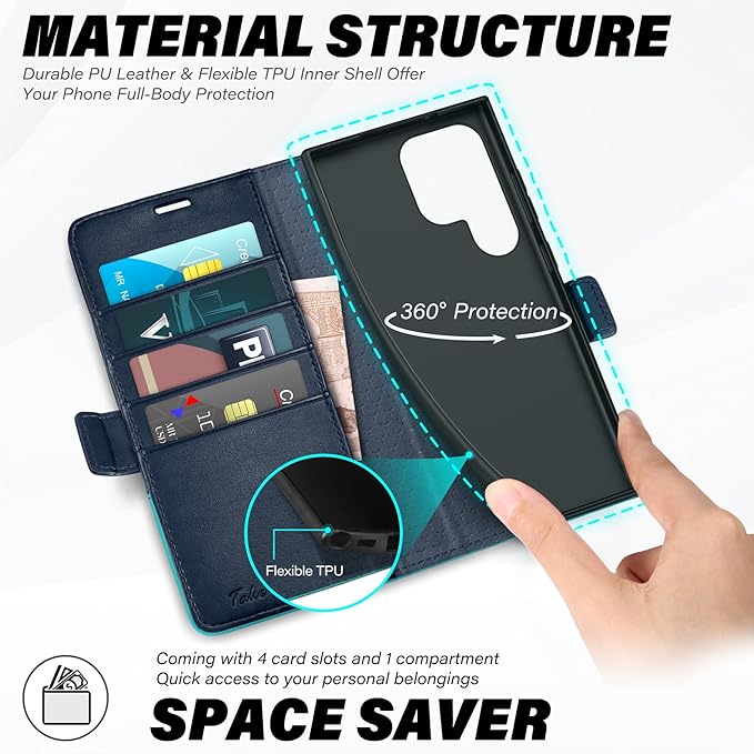 TUCCH Wallet Case for Galaxy S25 Ultra 5G, Magnetic PU Leather Kickstand [RFID Blocking] Card Slot Folio Cover with [TPU Shockproof Inner Shell] Compatible with Galaxy S25 Ultra, Blue & Lake Blue