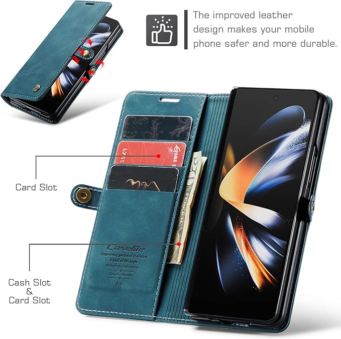 for Samsung Galaxy Z Fold4 Case, Flip Wallet Leather Case with Card Holder Magnetic Closure Shockproof Kickstand Protective Phone Cases Cover for Samsung Galaxy Z Fold4,Blue-Green