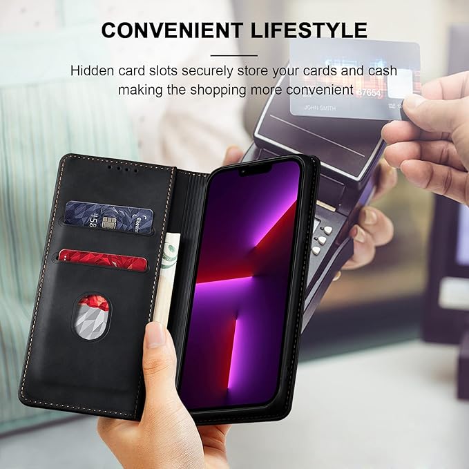 Jasonyu Flip Wallet Case for iPhone 13 Pro Max,Leather Magnetic Folio Cover with Card Holder,Kickstand - TPU Shockproof Durable Protective Phone Case,Black