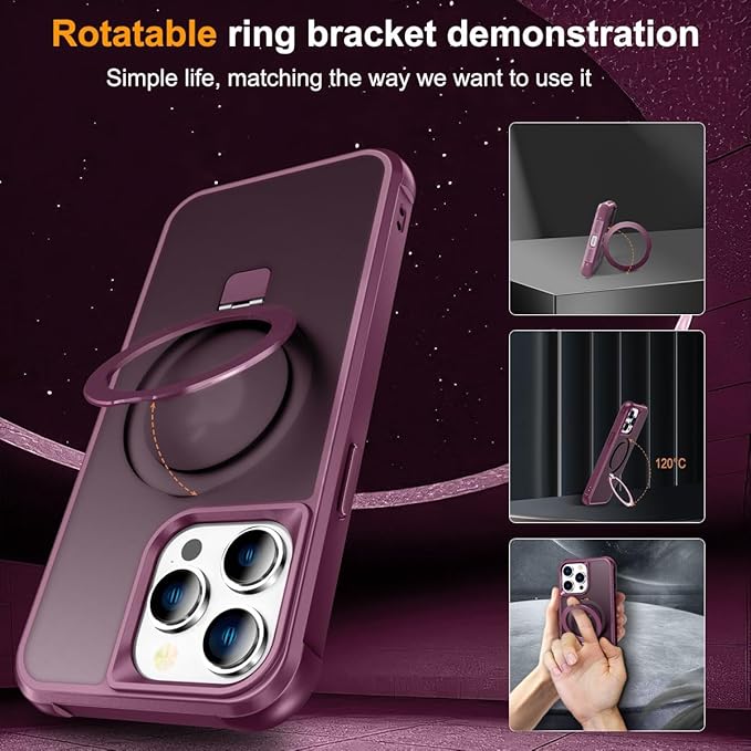 Magnetic Compatible with iPhone 15 Pro Max Case with Stand [Military Grade Drop Tested][Compatible with Magnet] Ring Translucent Slim Hard Back Soft Edge, Wine Red